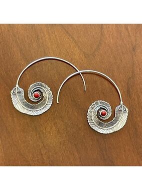 Medium Silver Feather Spiral Earrings in Red or Turquoise Blue #687